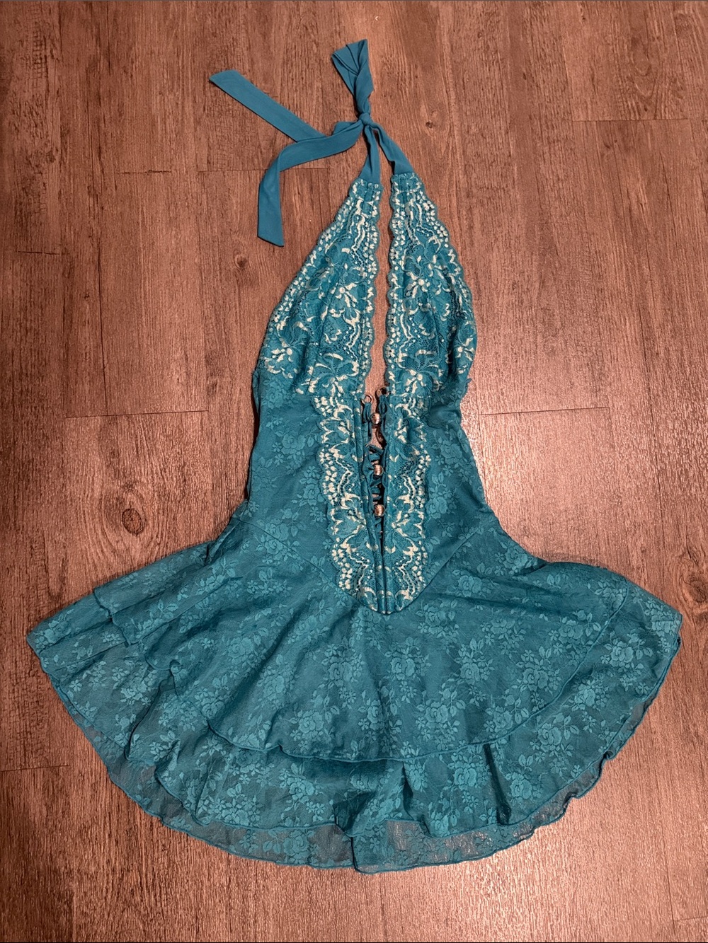 Outcast Jenna Teal Lace Halter One-Piece Dress